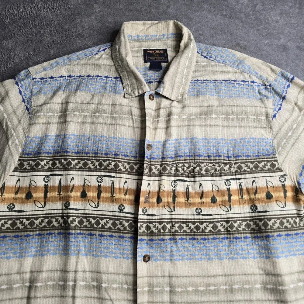 Woolrich Shirt Mens XL Beige Blue Fish Hooks Hawaiian Button Up Fish Stripes